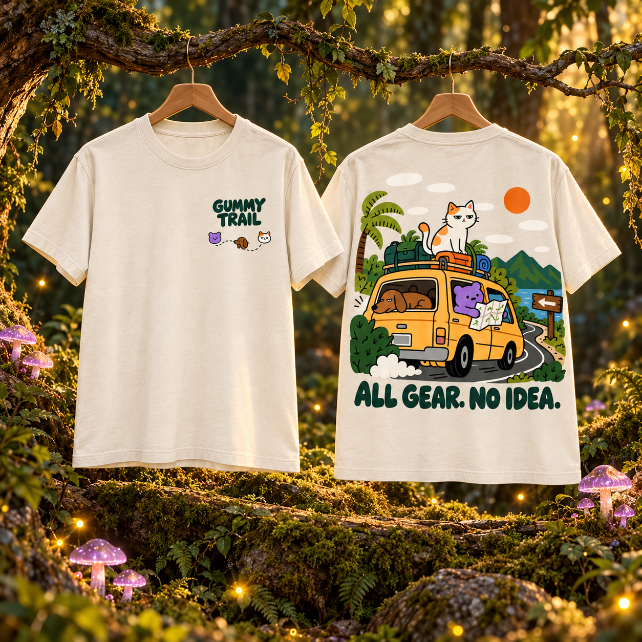 Warm cream All Gear No Idea graphic tee, front and back, displayed in an enchanted forest