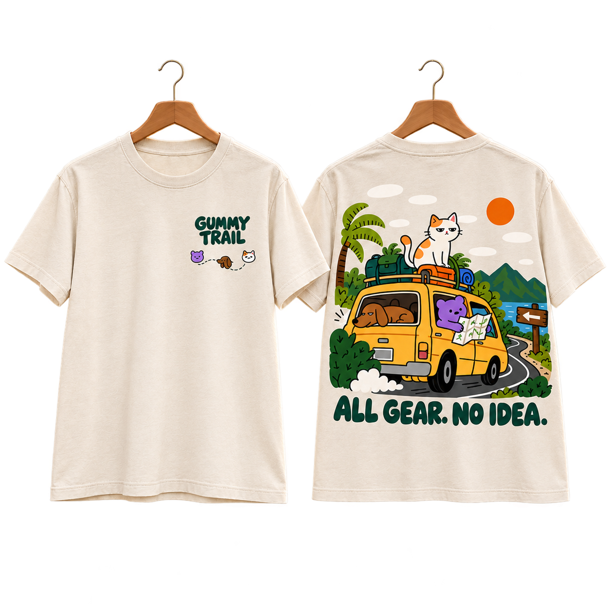 Warm cream All Gear No Idea graphic tee, front and back