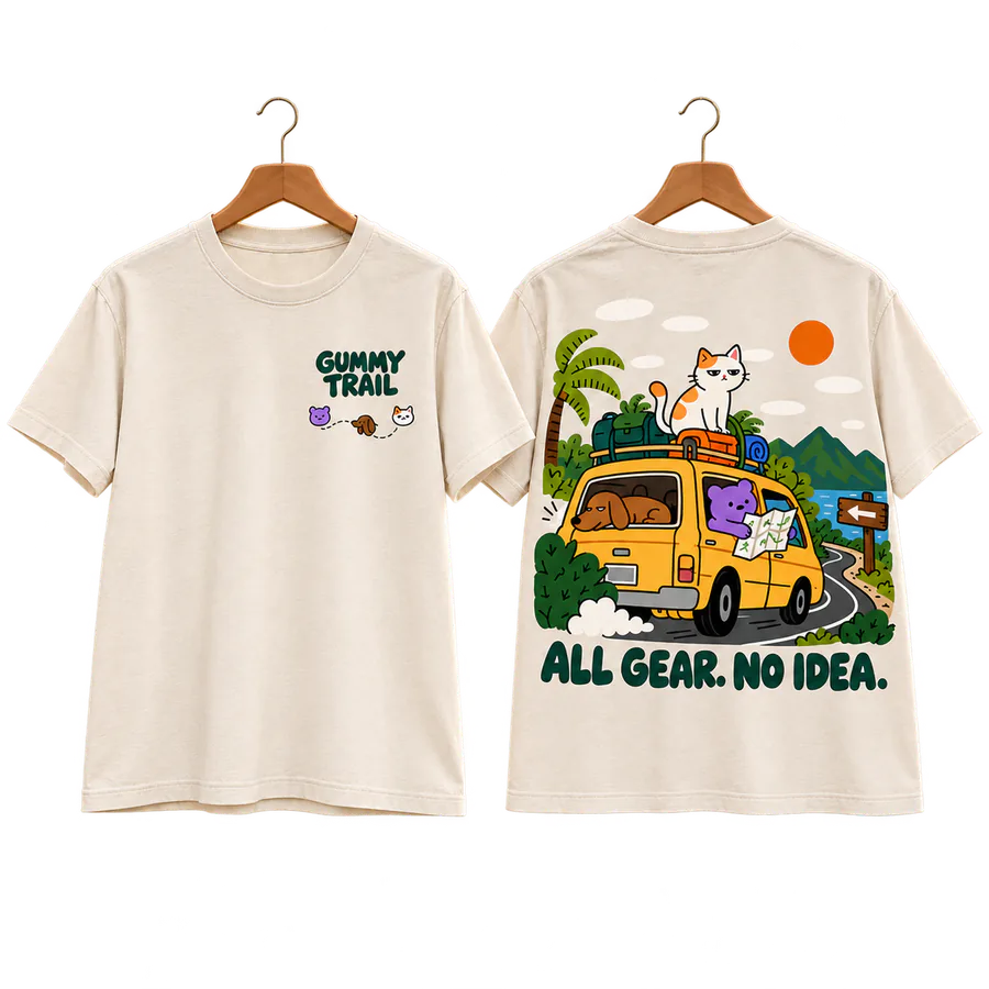Warm cream All Gear No Idea graphic tee, front and back