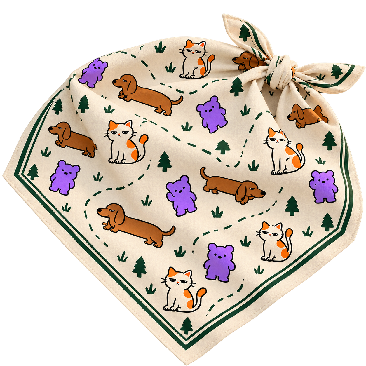 Warm cream trail bandana patterned with Gumbo, Dobbo and Mimo