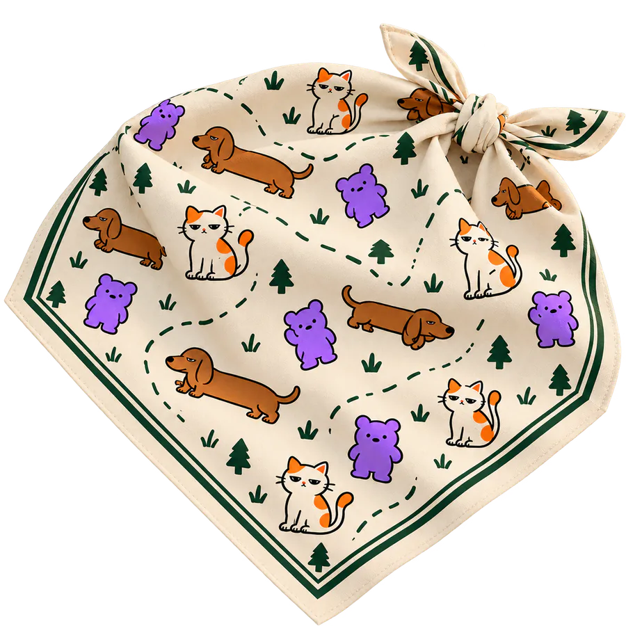Warm cream trail bandana patterned with Gumbo, Dobbo and Mimo