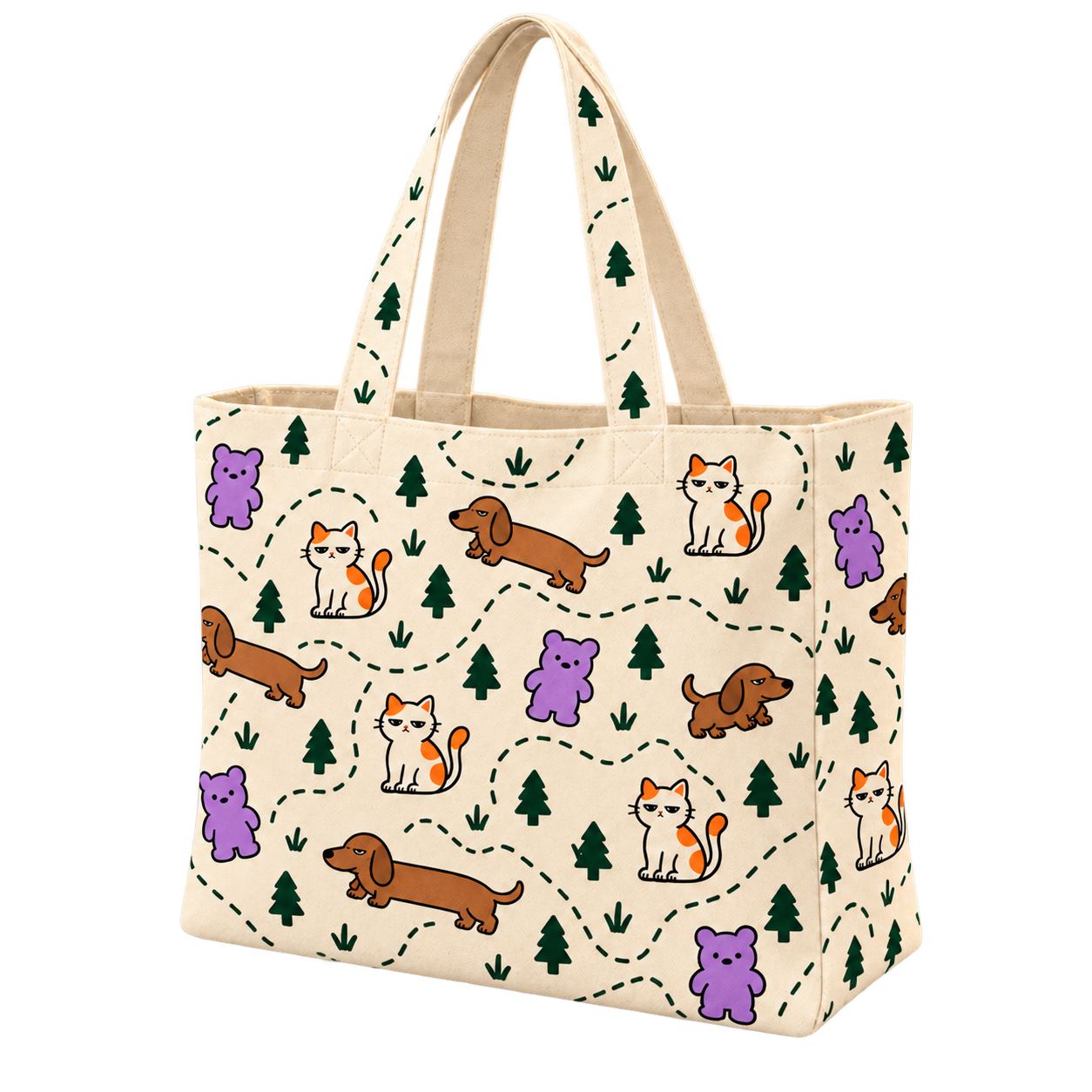 Warm cream trail tote patterned with Gumbo, Dobbo and Mimo