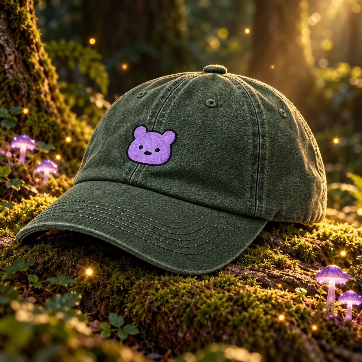 Forest green cap with embroidered Gumbo face on a glowing forest ledge