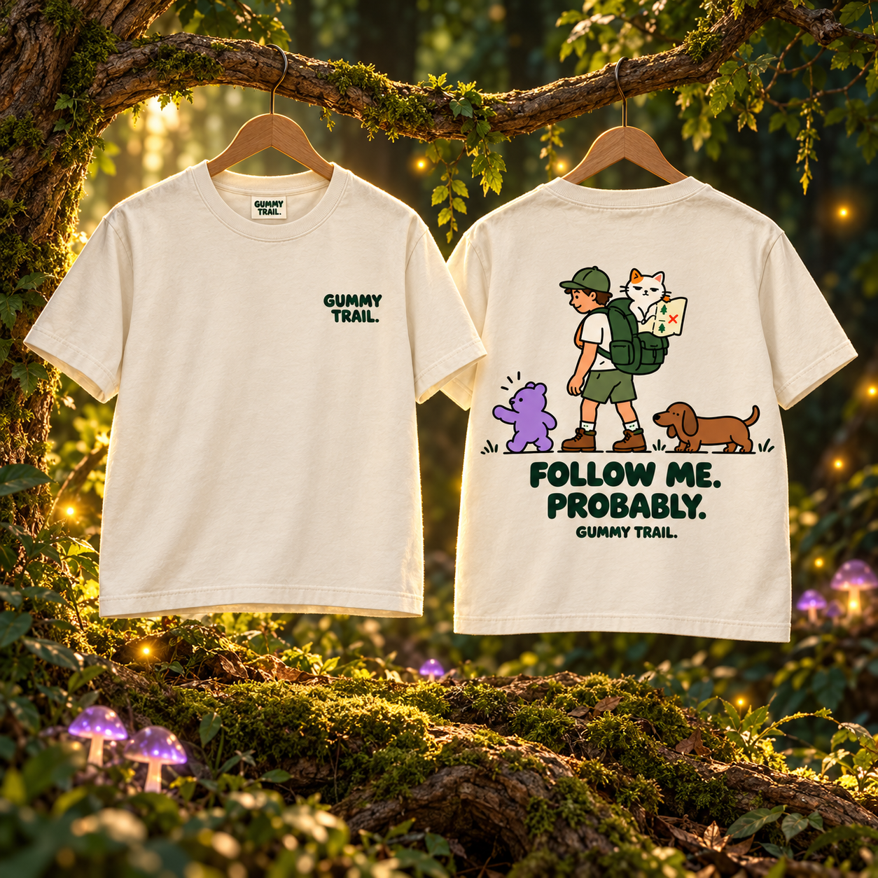 Warm cream A Little Lost Story Tee, front and back, displayed in an enchanted forest