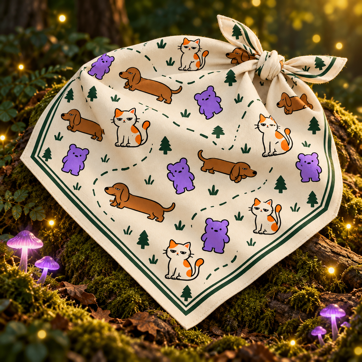 Warm cream trail bandana patterned with Gumbo, Dobbo and Mimo on a glowing forest ledge