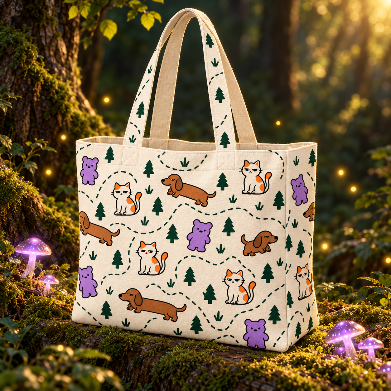 Warm cream trail tote patterned with Gumbo, Dobbo and Mimo on a glowing forest ledge